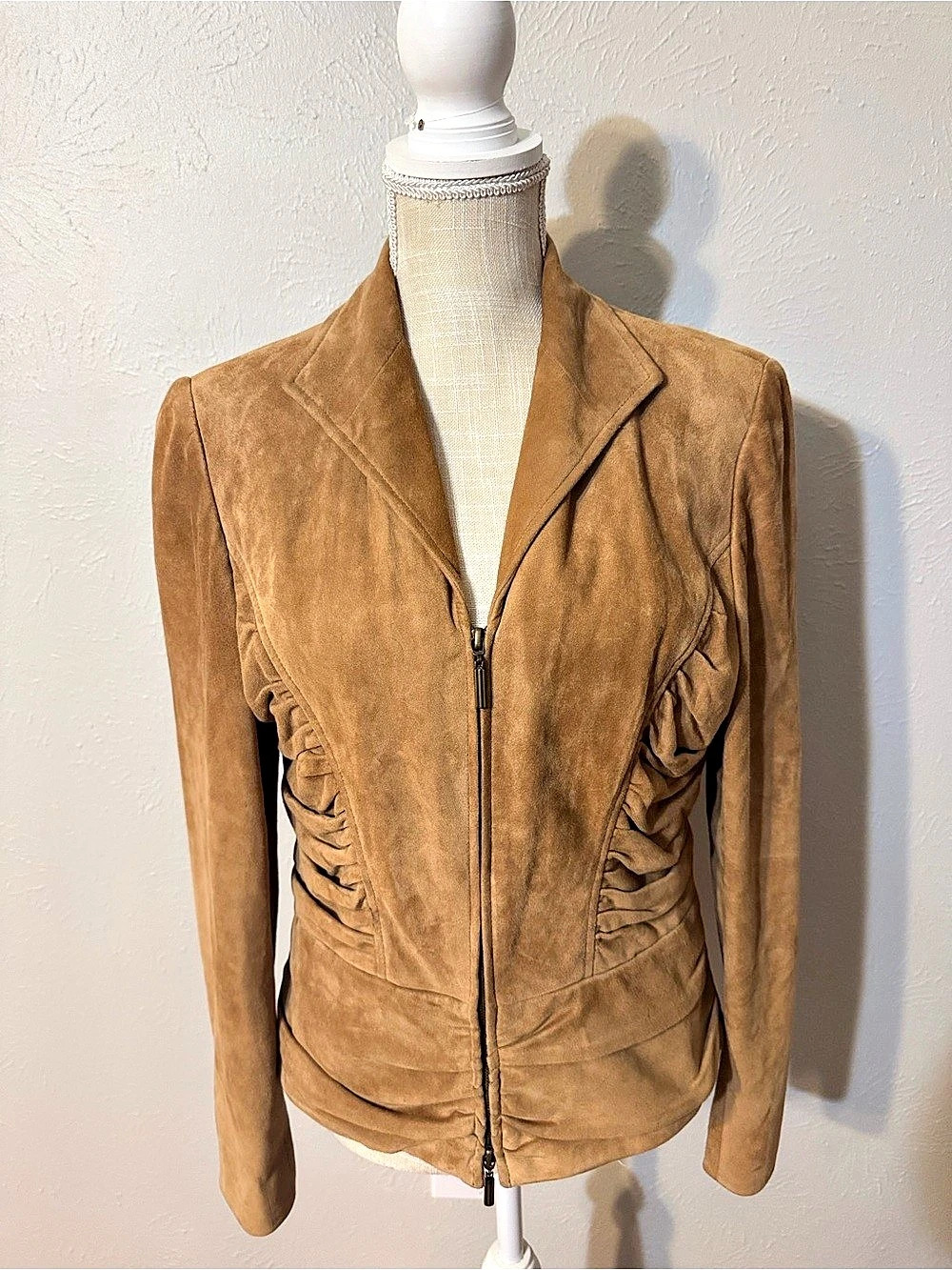Anne Klein Ruched Suede-Style Jacket in Brown Size Medium